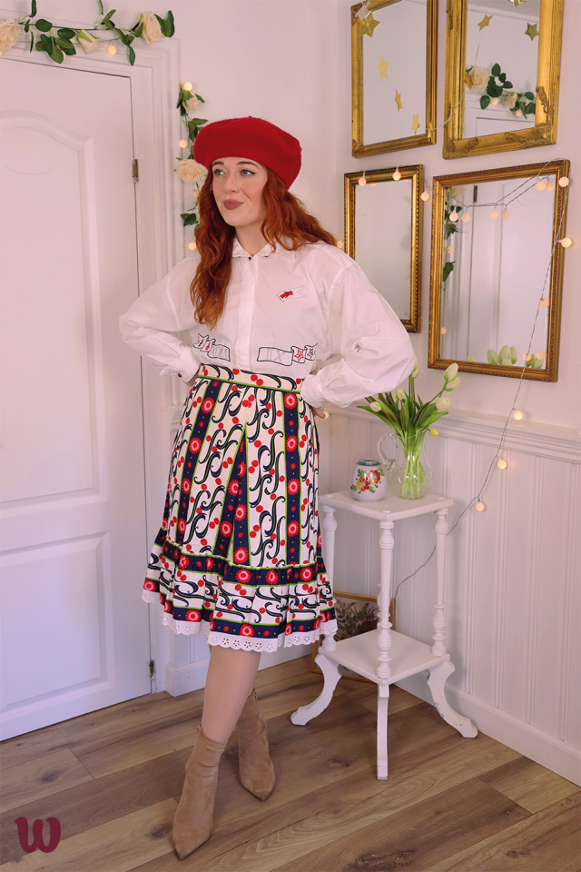 White Red Floral Retro Skirt | M