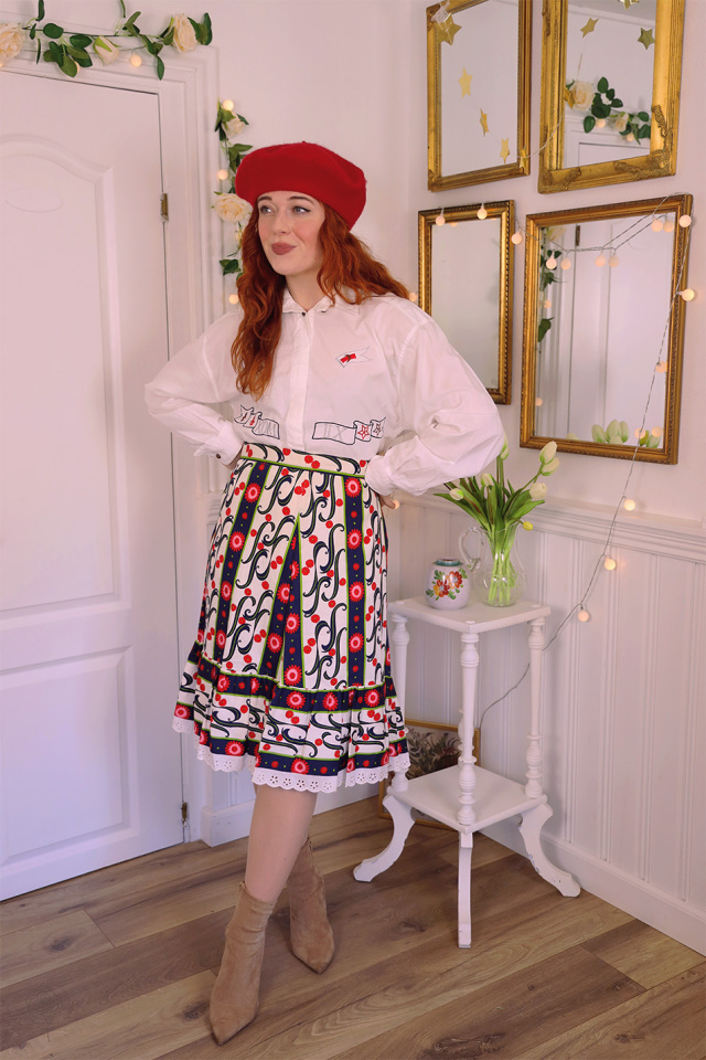 White Red Floral Retro Skirt | M