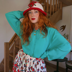 Teal Green Lace Collar Vintage Blouse | XL