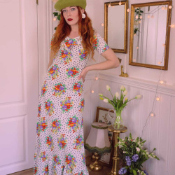 White Purple Orange Floral 70's Maxi Dress | S