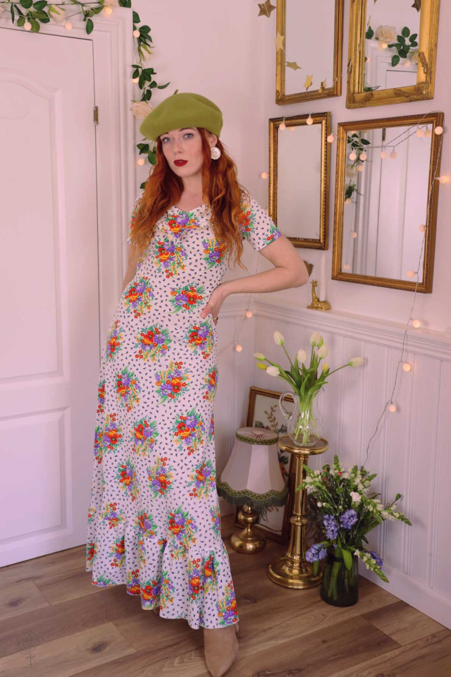 White Purple Orange Floral 70's Maxi Dress | S