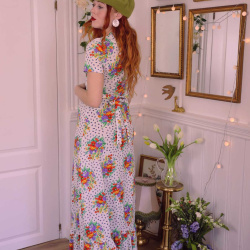 White Purple Orange Floral 70's Maxi Dress | S