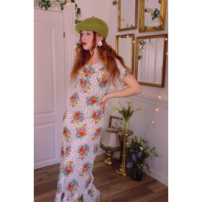 White Purple Orange Floral 70's Maxi Dress | S