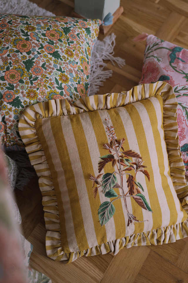 Camille Yellow Striped Botanical Pillow Cover